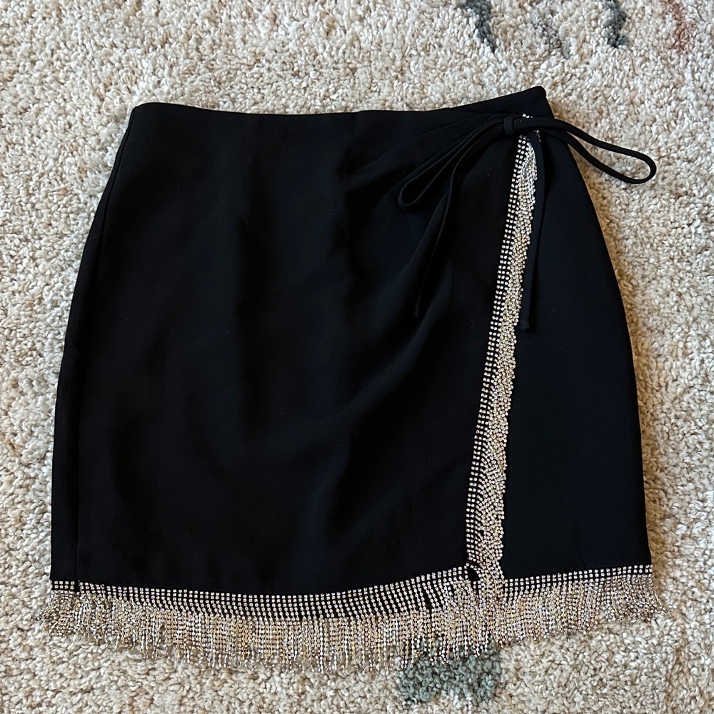 Cinq a Sept Black Mini Wrap Skirt with Rhinestone Trim